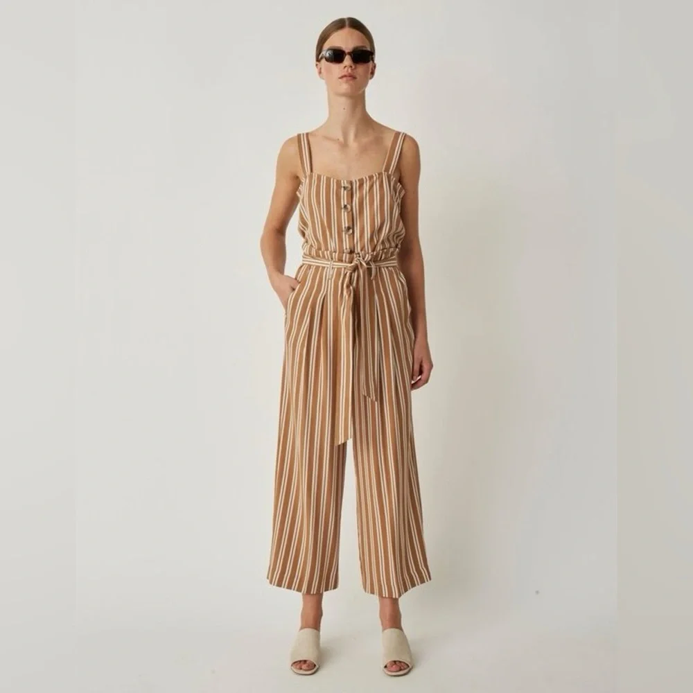 JUST Female Wendy Striped Lyocell Paperbag Wide Leg Pants Large Neutral Striped - Picture 2 of 11